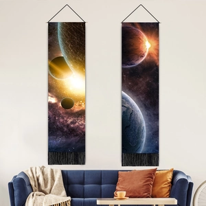 Galaxy Space Planet Wall Art Hanging Tapestry Polyester Cotton Scroll Decorative Poster With Wood Rod And Black Tassels