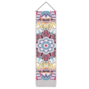 Bohemian mandala wall tapestry with colorful geometric patterns and white tassels