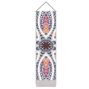 Vertical bohemian mandala tapestry with purple geometric patterns and wooden hanging rod