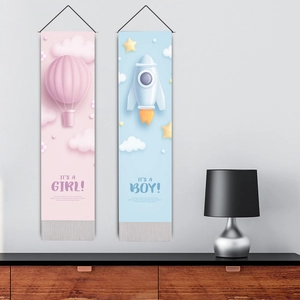 Cartoon rocket and hot air balloon 3D paper cut style canvas art with grey tassel trim