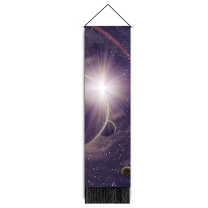 Space exploration wall art featuring cosmic planets, star nebula and black tassels
