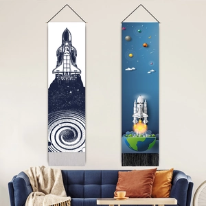 Astronaut Space Wall Tapestry Cotton Linen Vertical Scroll With Tassel Wooden Rod For Boys Bedroom Decor Minimalist Modern Galaxy Theme