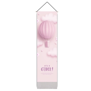 Vertical pink hot air balloon tapestry for baby girl shower decoration with wooden pole