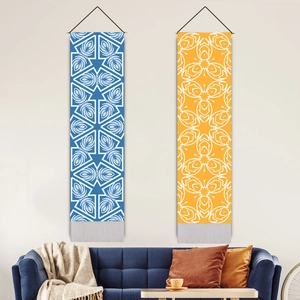 Long Vertical Wall Hanging Tapestry Bohemian Mandala Geometric Pattern Polyester Cotton With Wooden Pole And Tassels