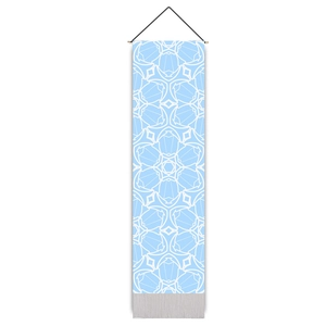 Vertical blue mandala wall hanging tapestry with light blue symmetric geometric patterns