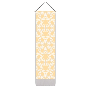 Vertical bohemian mandala wall hanging with orange geometric floral patterns and hanging rope