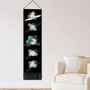 Bohemian black and white yoga moon tapestry with mandala and fringe for home wall decor