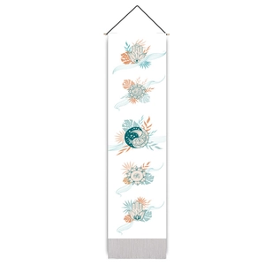 Vertical wall scroll featuring moon phases, mandala patterns and tropical leaves