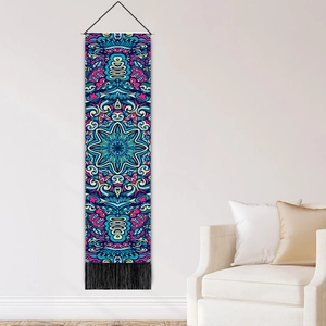 Vertical bohemian mandala wall tapestry with blue patterns and black fringe for home decor