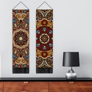 Bohemian mandala wall hanging tapestries with black tassels and geometric ethnic patterns