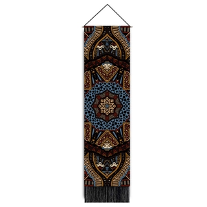Vertical bohemian mandala tapestry with ethnic geometric patterns and black bottom tassels