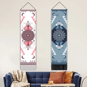 Bohemian Mandala Moon Phase Wall Hanging Tapestry Long Vertical Polyester Cotton Fabric Poster With Tassels And Wooden Rod For Living Room Bedroom Dorm Home Decor