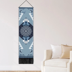 Bohemian mandala tapestry with blue moon phase pattern and elegant black tassels