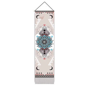 Bohemian mandala wall hanging tapestry with blue patterns and white tassels