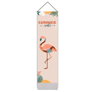 Détail de la tapisserie murale flamant rose avec feuilles tropicales et tige en bois