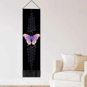 Bohemian black wall hanging with colorful butterfly print and decorative bottom tassels