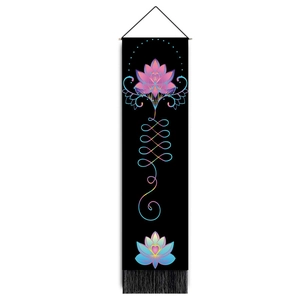 Detail of a lotus tapestry featuring colorful Unalome symbols and black bottom tassels