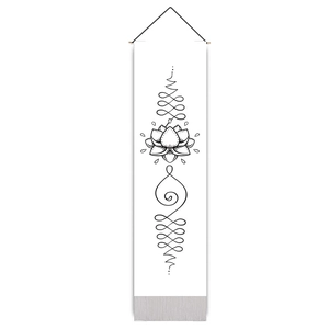 Vertical zen wall scroll with black line art lotus and Unalome on white canvas fabric
