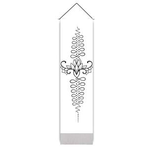 Detailed vertical view of a white lotus tapestry with black Unalome bohemian symbols