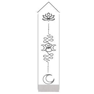 Vertical bohemian lotus mandala wall tapestry with unalome lines and fringes