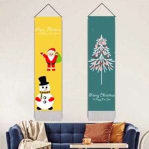 Christmas New Year Hanging Scroll Flag Fabric Tapestry With Tassel Wooden Rod Holiday Wall Decor Festive Home Party Banner
