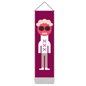 Arazzo verticale sottile con illustrazione astratta di bambola su sfondo bordeaux