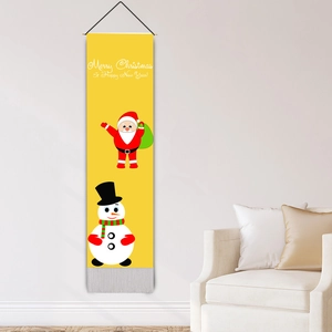 Christmas tapestry with Santa and snowman on yellow background with bottom fringes