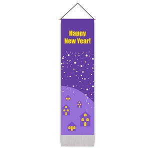 Purple Happy New Year hanging tapestry with festive snowy house design and tassels