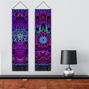 Mandala and Hamsa hand tapestry set with purple glow and decorative black tassels