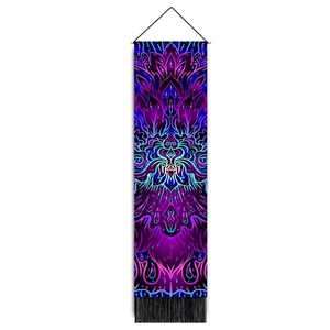 Vertical psychedelic mandala wall tapestry with blue and purple prints and black tassels
