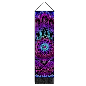 Neon Hamsa Hand and Mandala tapestry wall hanging with fringe for home decor