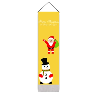 Detail view of yellow Merry Christmas banner with Santa and snowman on wooden rod