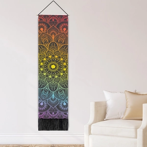 Vertical mandala wall tapestry with rainbow gradient patterns and black tassel details