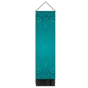 Vertical teal Mandala wall tapestry with intricate floral patterns and black bottom tassels