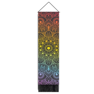 Rainbow mandala wall tapestry with hanging rod and decorative black tassels