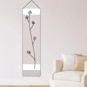 Minimalist floral wall tapestry with black plant lines and wooden hanging scroll for room decor