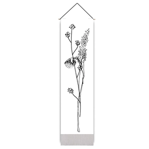 Modern Nordic botanical line art wall tapestry with wooden rod and black hanging string