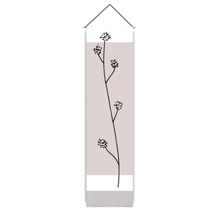 Nordic minimalist vertical wall hanging with abstract floral line art and tassels