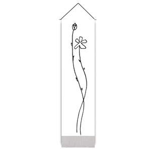 Close-up of minimalist black flower line art on a vertical white wall hanging tapestry