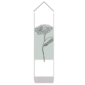 Detail of Nordic floral wall hanging with black line art and wooden scroll frame