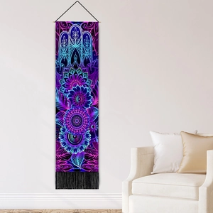Mandala Hamsa Hand wall hanging tapestry with purple fluorescent patterns and black tassels