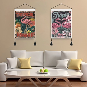 Nordic Flamingo Tropical Plant Print Wall Hanging Tapestry Polyester Cotton Blend Decorative Poster Wood Rod Tassel