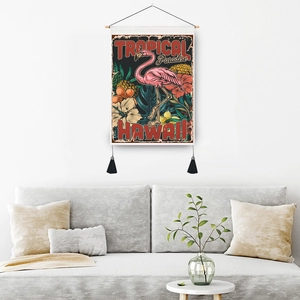 Nordic flamingo wall hanging tapestry with tropical plants and wooden hanging rod