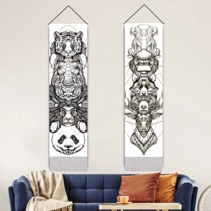 Tentures murales modernes avec motifs totems animaux en noir et blanc pour le salon