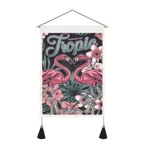 Nordic flamingo pink tropical plant wall hanging with wooden rod and black tassels