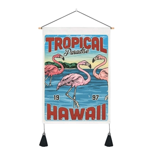 Nordic pink flamingo cotton linen wall tapestry with wooden rod and black tassels