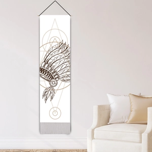 Tapisserie murale avec coiffe de plumes indiennes et pompons gris pour salon moderne