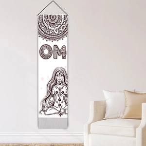 Mandala yoga wall hanging with OM symbol and meditating woman on a white background