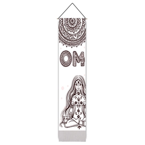 Detailed texture of cotton linen tapestry featuring an OM symbol and meditation woman design