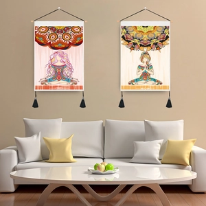 Nordic Yoga Mandala Wall Tapestry with wooden rod and black tassels for home meditation decor